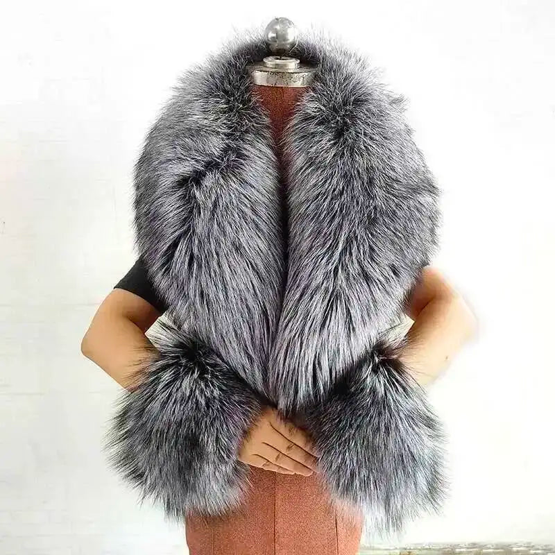 Women's Real Fur Collar and Cuffs Set, Fluffy Winter Scarf
