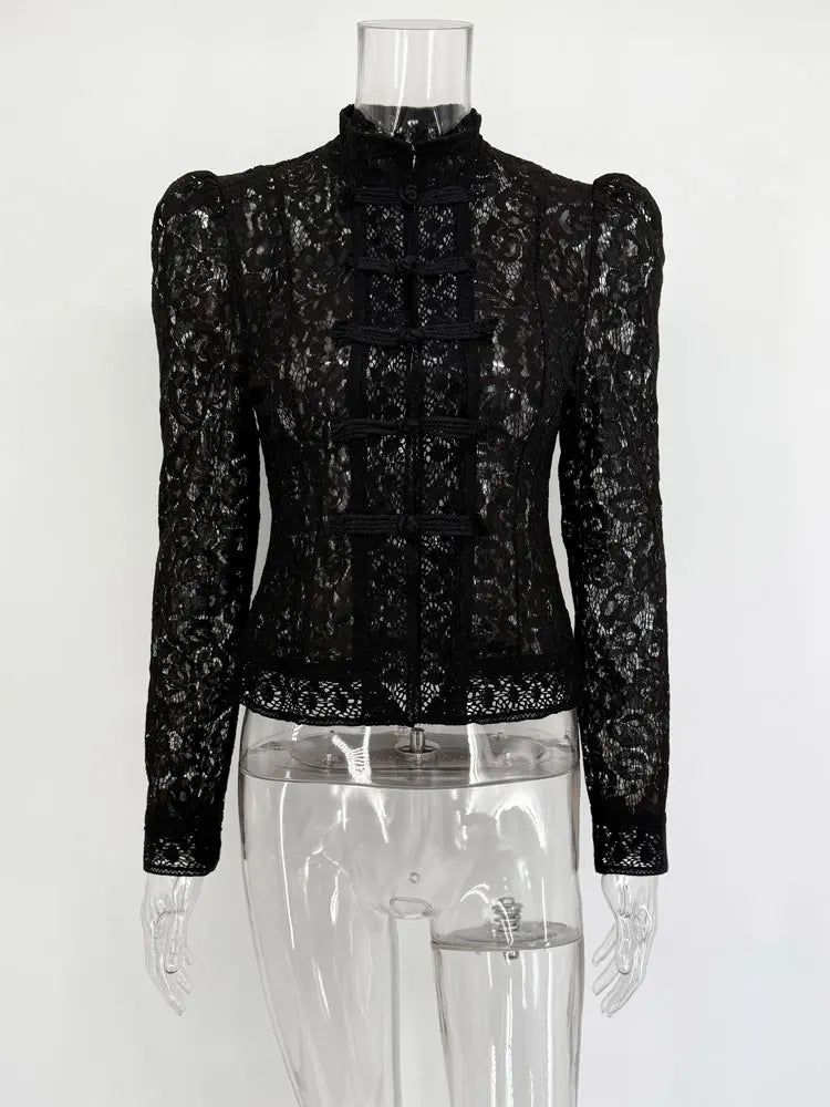 Summer Lace Printed Shirts Tops Female Hollow Out Fashion Commute Vintage