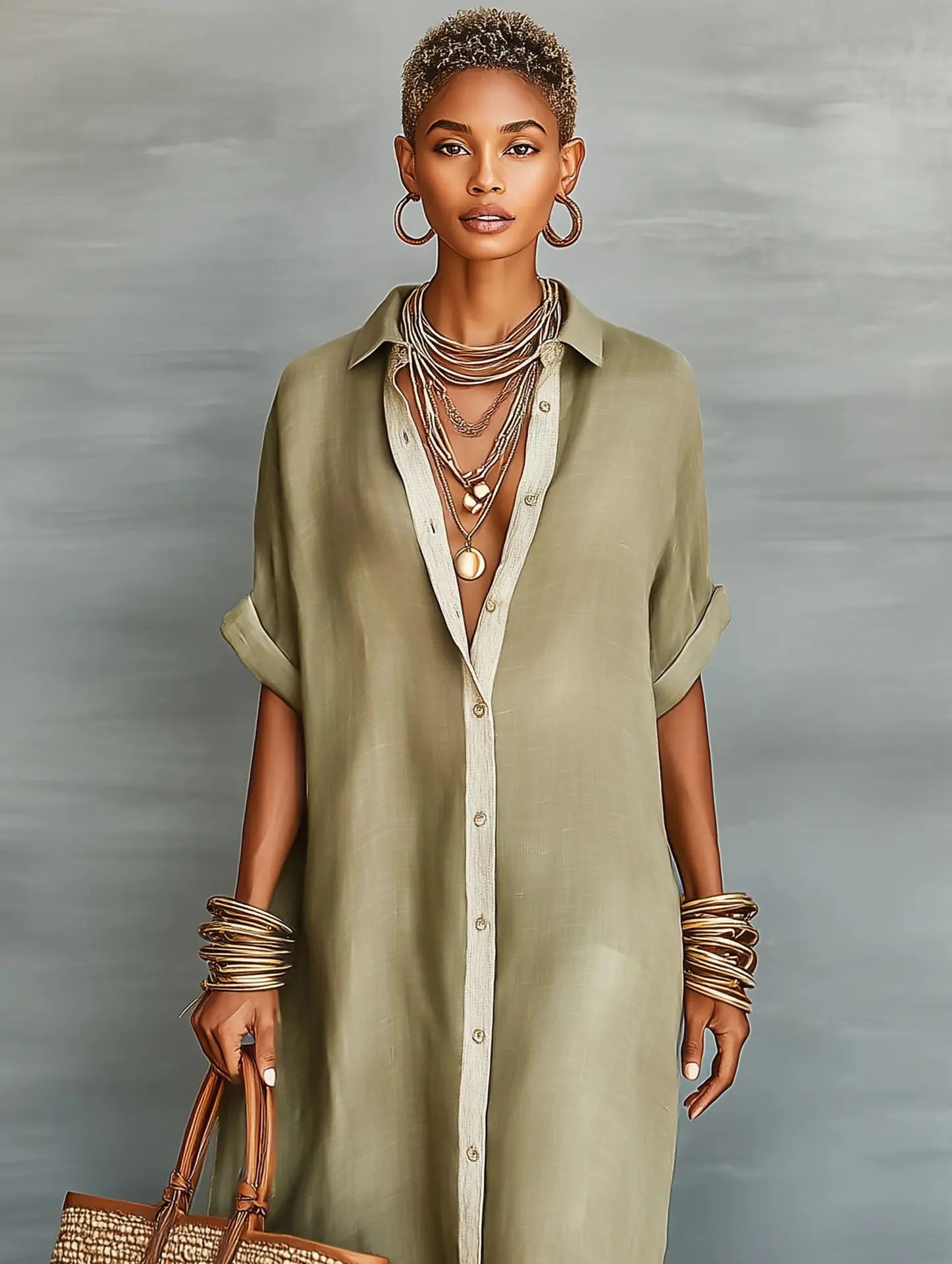 Patchwork Button Shirt Midi Dress – Short Sleeve Loose Beach Vacation Dress