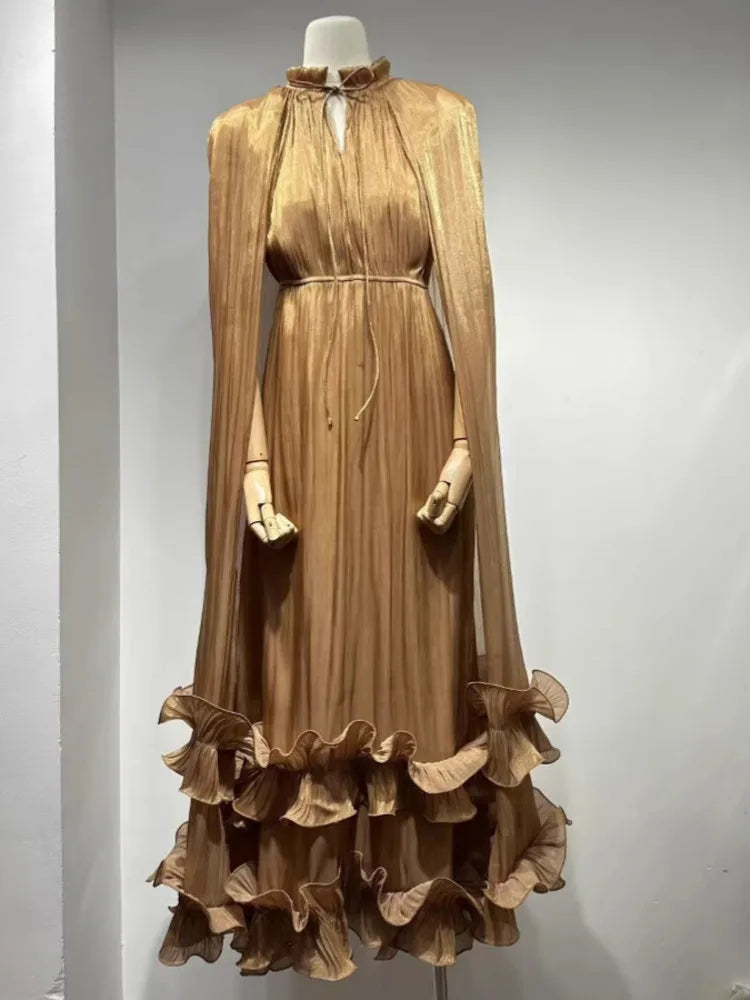 Women's V-Neck Cape Sleeve Maxi Dress – Ruffle Edge, A-Line Floor-Length