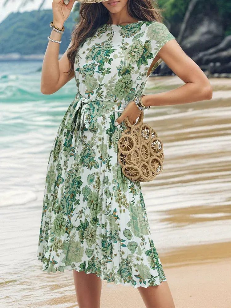 Spring Summer O Neck Pleated Medium Long Dress Fashion Print Lace-up Dress LADYLYS