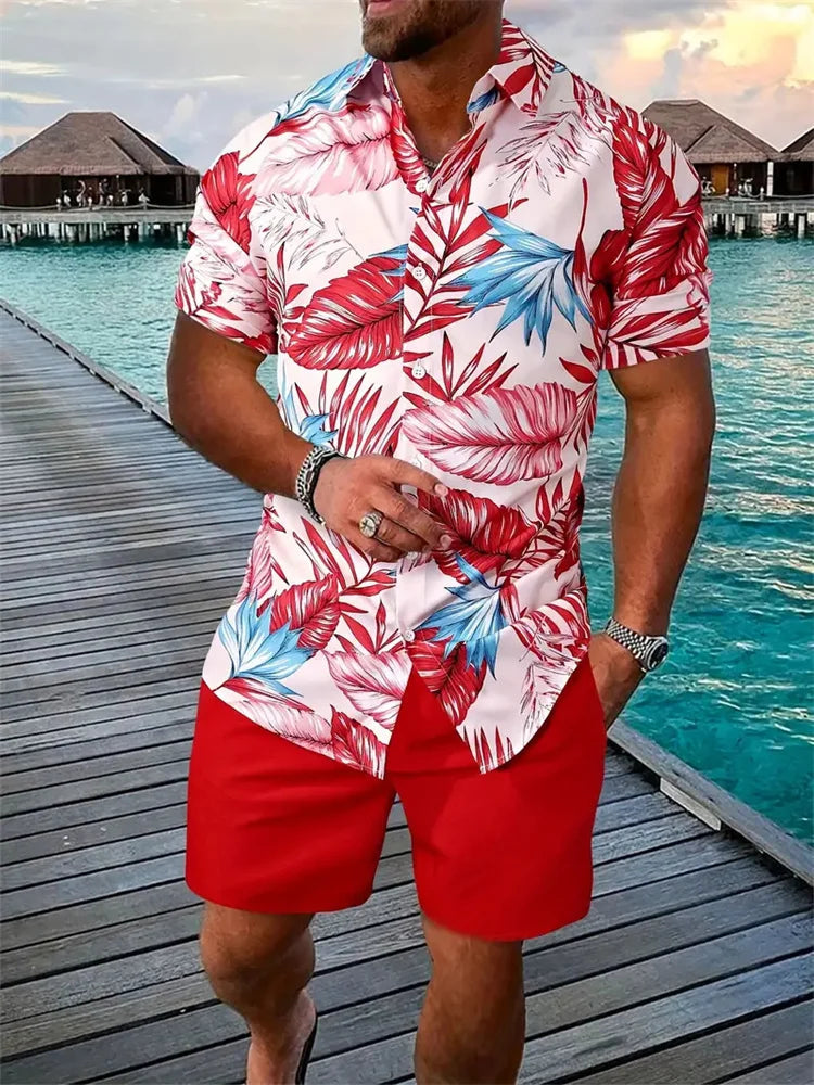 Men's Shirt Shorts Set Two Piece 3D Leaf Print Hawaiian Style LADYLYS