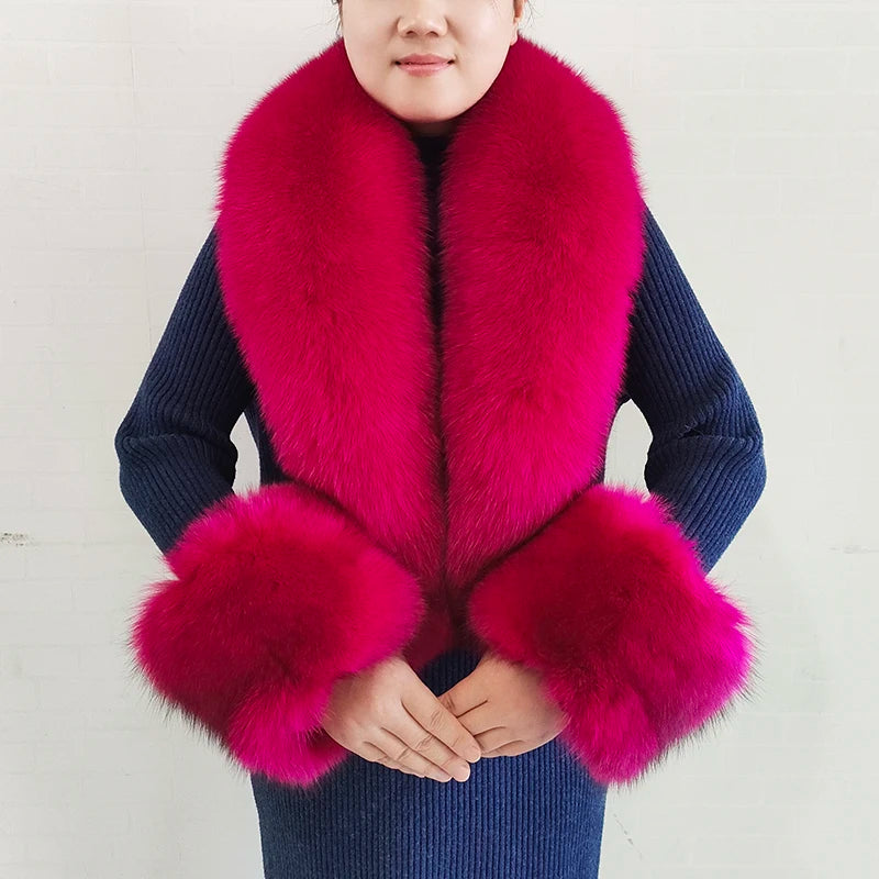 Women's Real Fur Collar and Cuffs Set, Fluffy Winter Scarf