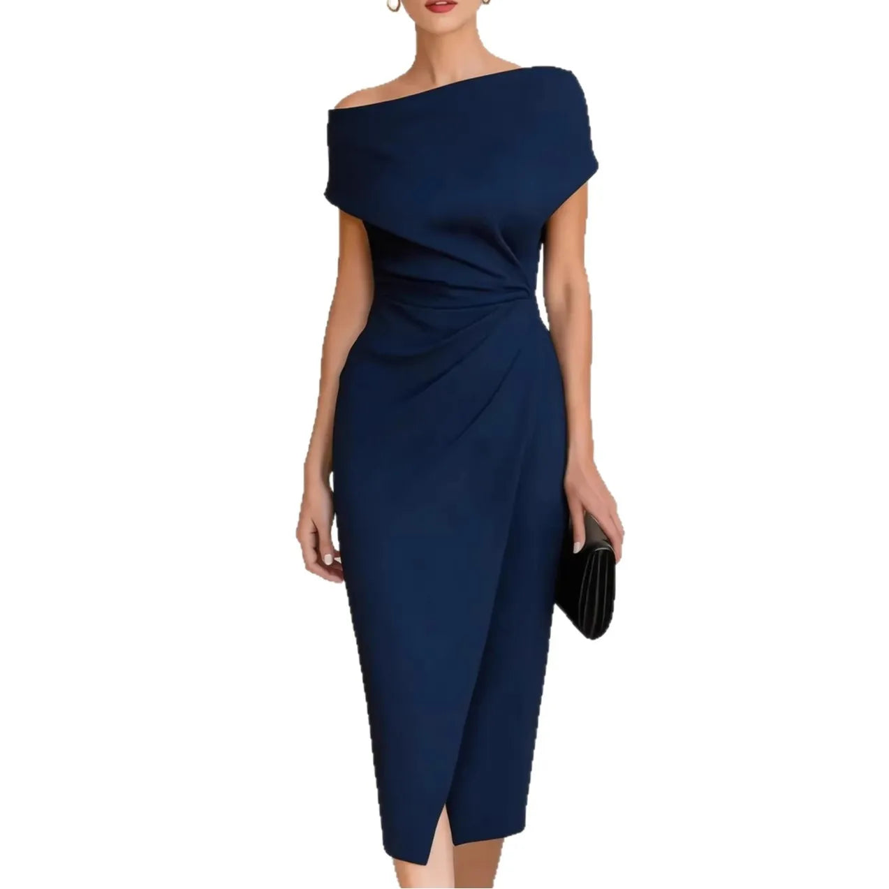 Asymmetrical Off-Shoulder Draped Midi Dress – Ruched Waist Split Pencil Dress