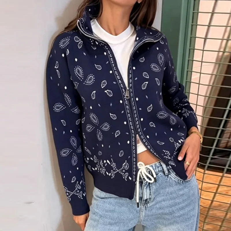 Women's Boho Jacquard Knit Cardigan with Stand Collar and Zip