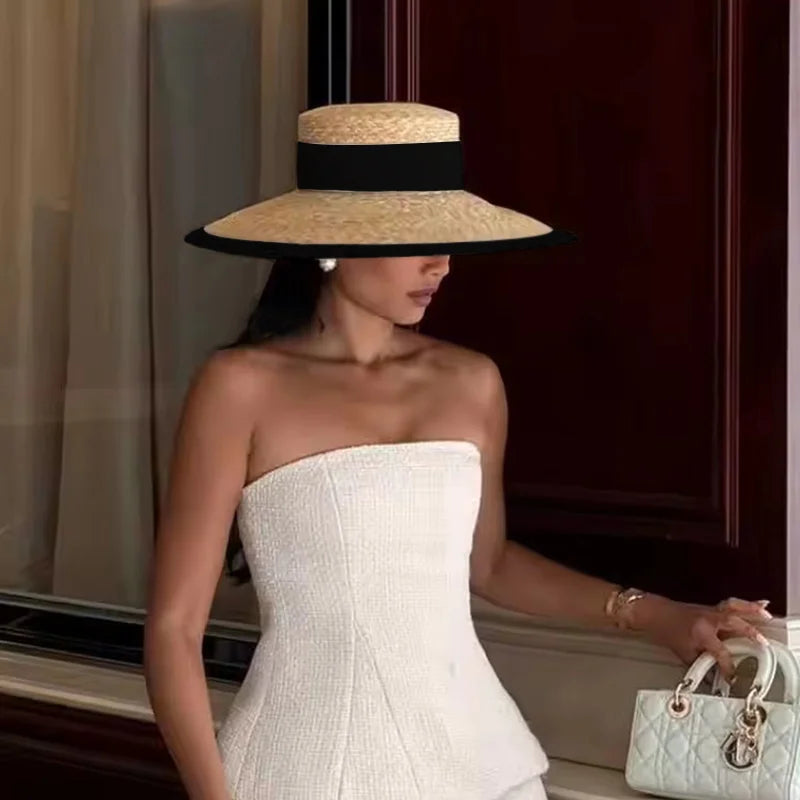 Red edging 2026 Sun Hats Hepburn hat Shiny Straw Hat European American  Braided Female Sunshade  chapeau femme LADYLYS