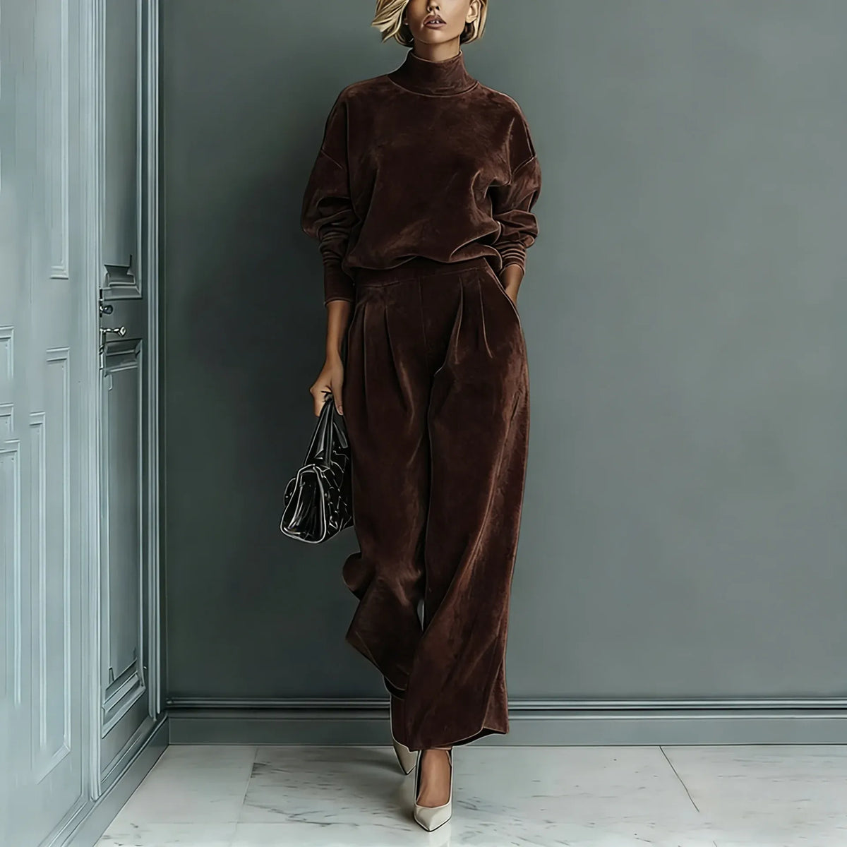 Women's High-Neck Velvet Top & Wide-Leg Trousers Set