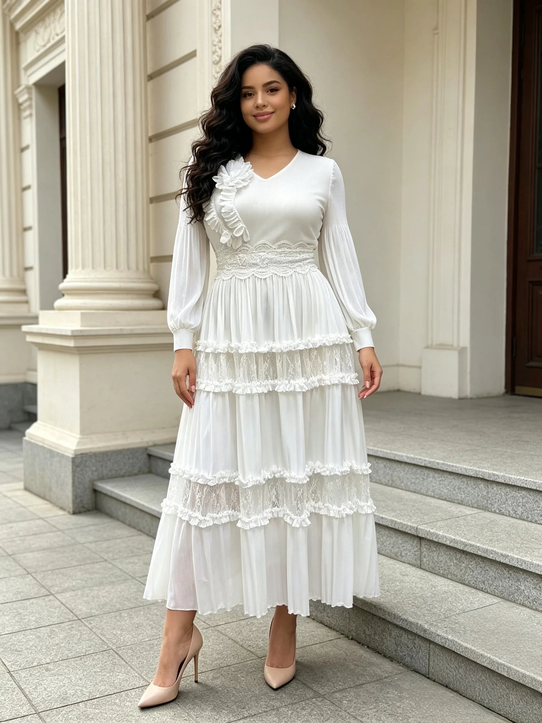 Women's Pleated Tiered Lace Midi Dress – V-Neck Lantern Sleeve Floral Detail | Elegant African Fashion