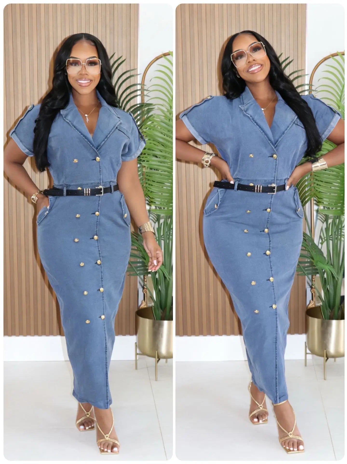 Double-Breasted Denim Dress – Short Sleeve Belted Knee-Length Casual Dress