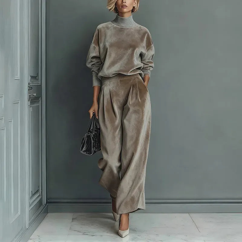 Women's High-Neck Velvet Top & Wide-Leg Trousers Set