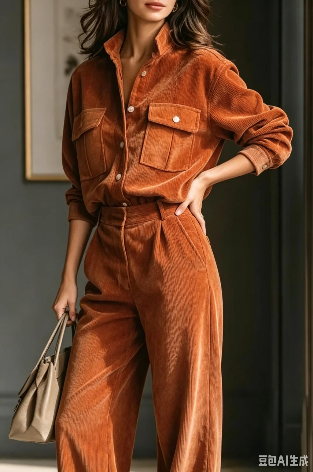 Women's 2-Piece Corduroy Set – Long Sleeve Shirt & Wide-Leg Pants, Office Casual
