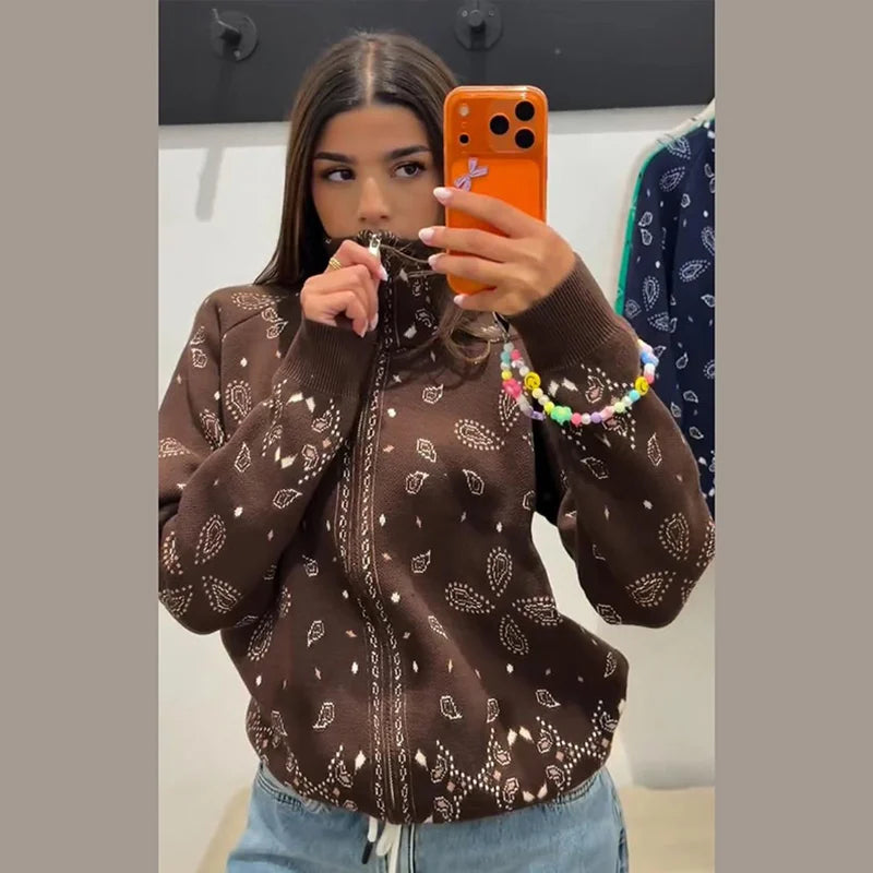 Women's Boho Jacquard Knit Cardigan with Stand Collar and Zip