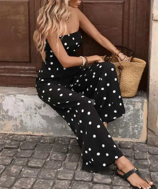 Bodysuit Women Summer New Fashionable Elegant Style Slim Fit Polka Dot Print High Waist Slim Fit Strapless Wide Leg Jumpsuit LADYLYS