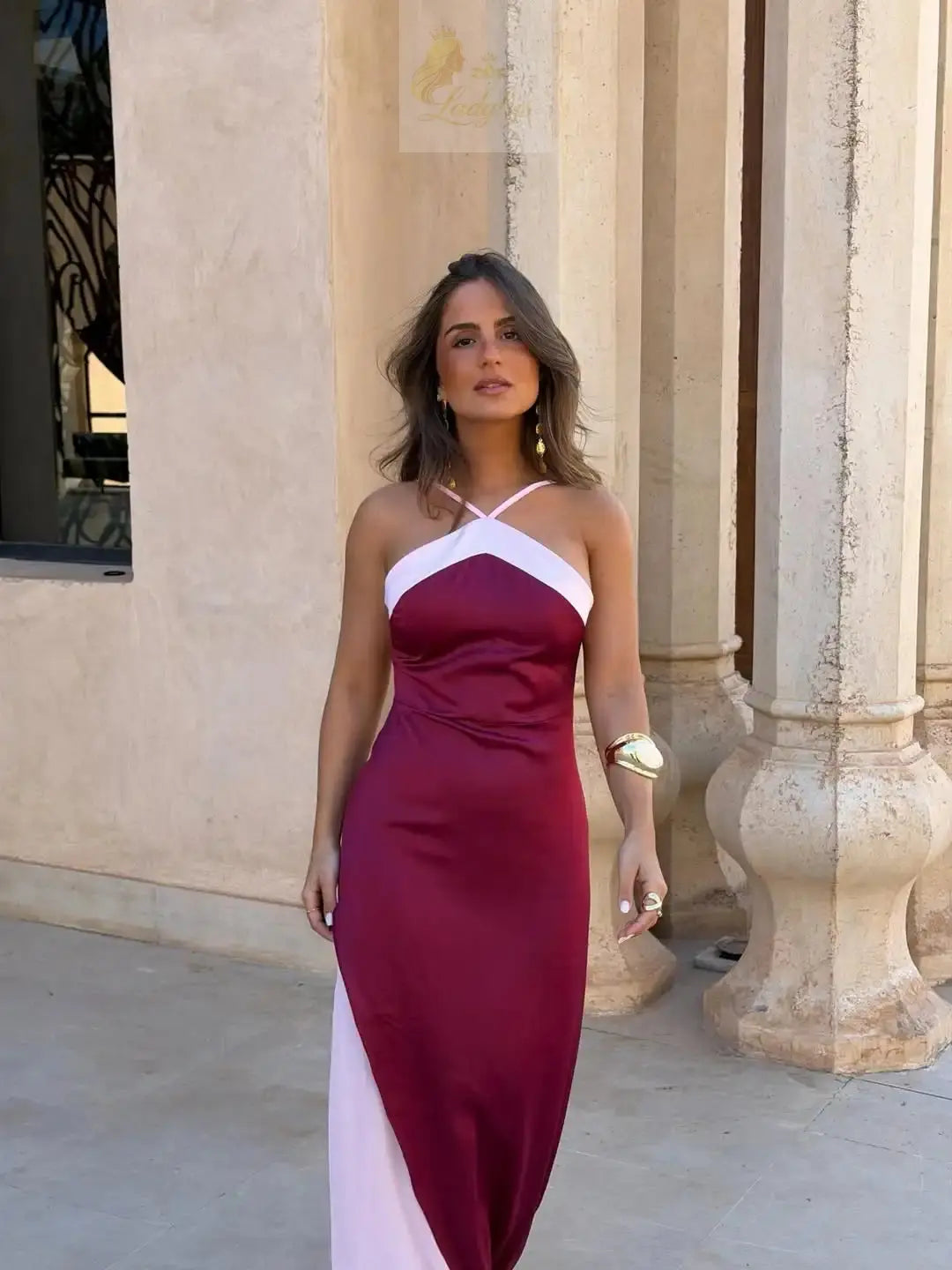 Blocking Scarf Collar Sling Dress Sexy Split Waist Cinching Bodycon Maxi Gowns LADYLYS