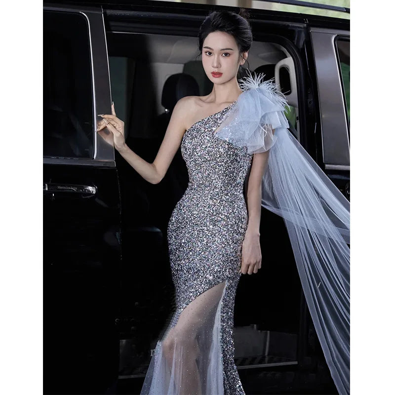 High-End Sequin Fishtail Dress – Beaded Sheath Gown for Wedding Guests & Special Occasions