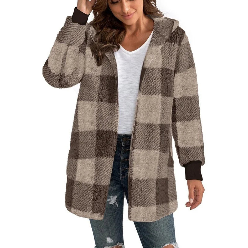 Double Fleece Plaid Cardigan Soft Loose Long Sleeve Plush Warm Hooded Jacket