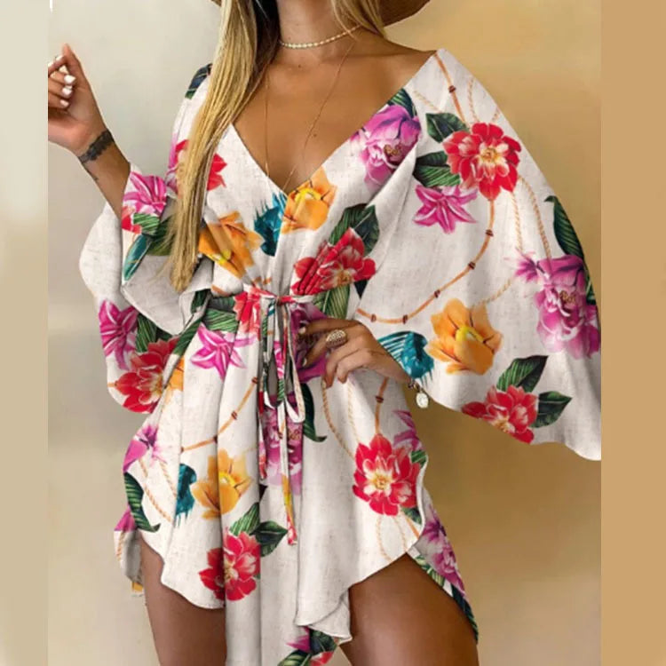 Print Dress Sexy V-Neck Bat Sleeve Ruffl Flowers Mini LADYLYS