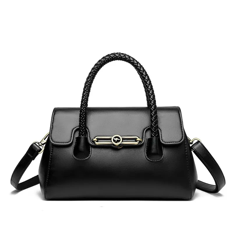 Women's Leather Top-Handle Bag with Woven Handle