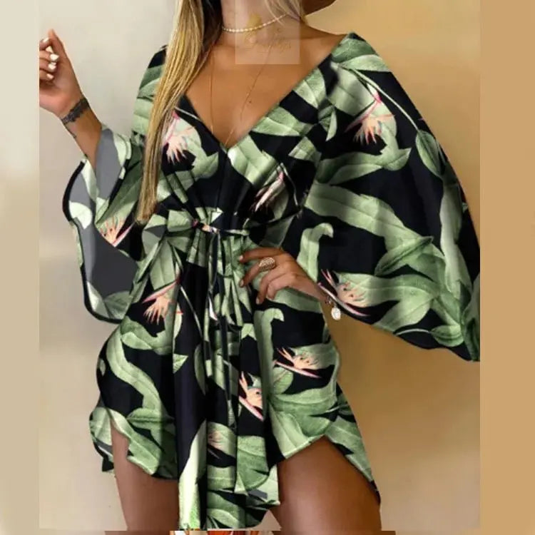 Print Dress Sexy V-Neck Bat Sleeve Ruffl Flowers Mini LADYLYS