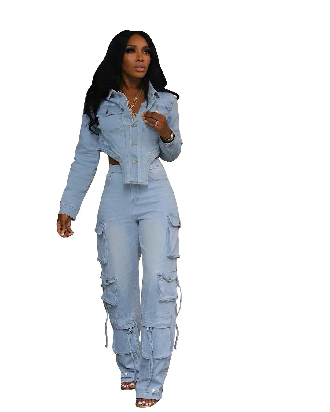 Washed Denim Women's Set Full Sleeve Button Fly Jacket and Pockets Cargo Jeans Pants Suit LADYLYS