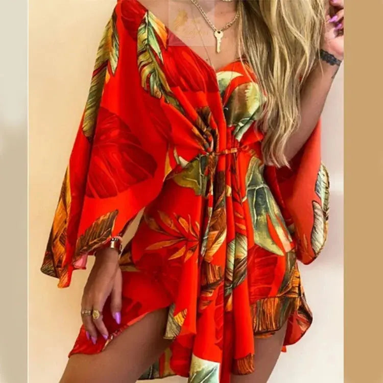 Print Dress Sexy V-Neck Bat Sleeve Ruffl Flowers Mini LADYLYS