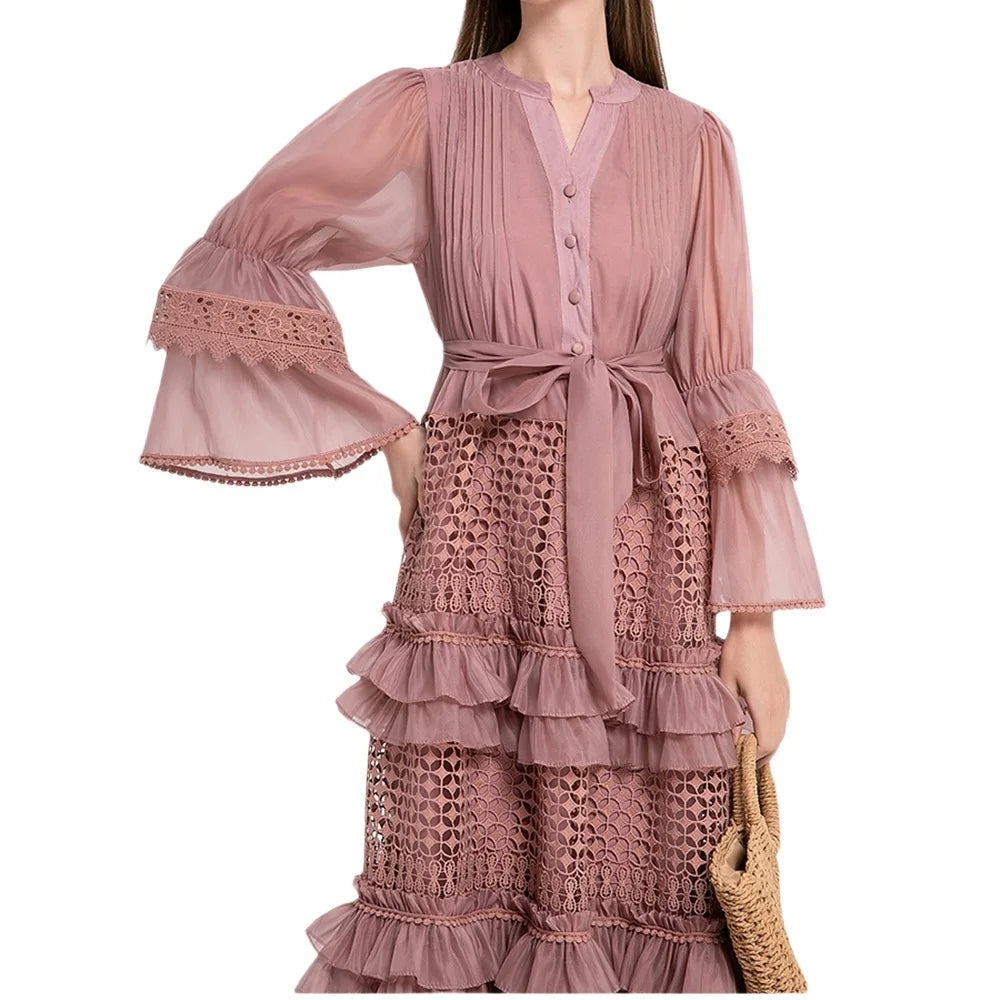 Lace Hollow-Out A-Line Dress – V-Neck, Flare Sleeves & Bandage Detail