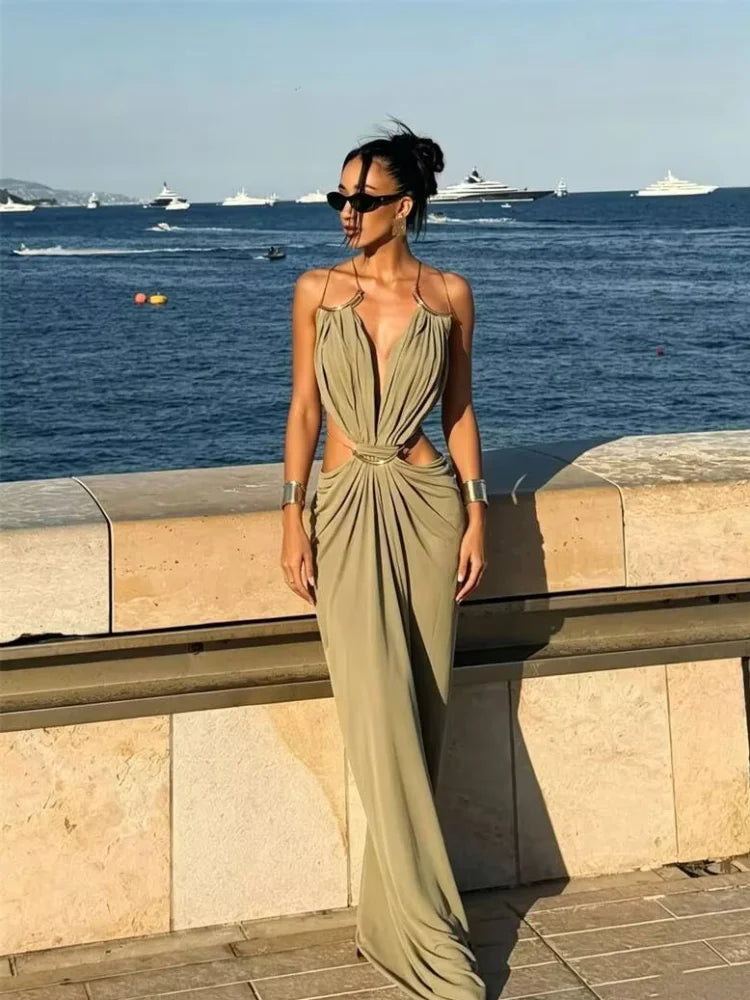 Deep V Cutout Ruched Maxi Gown – Spaghetti Strap Sleeveless Evening Dress