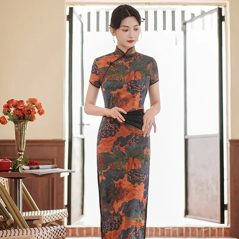 Printed Short-Sleeve Qipao-Inspired Midi Dress