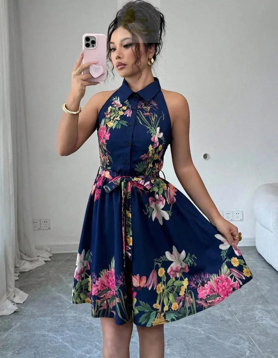 Printed Waist Halterneck Tie Dress Elegant LADYLYS
