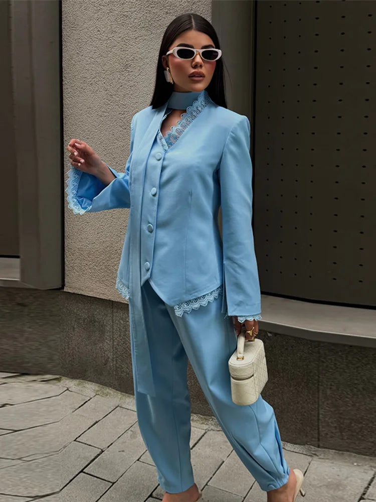 V-Neck Lace Trim Blazer & Ankle Pants Set – Flare Sleeve, Elegant 2-Piece