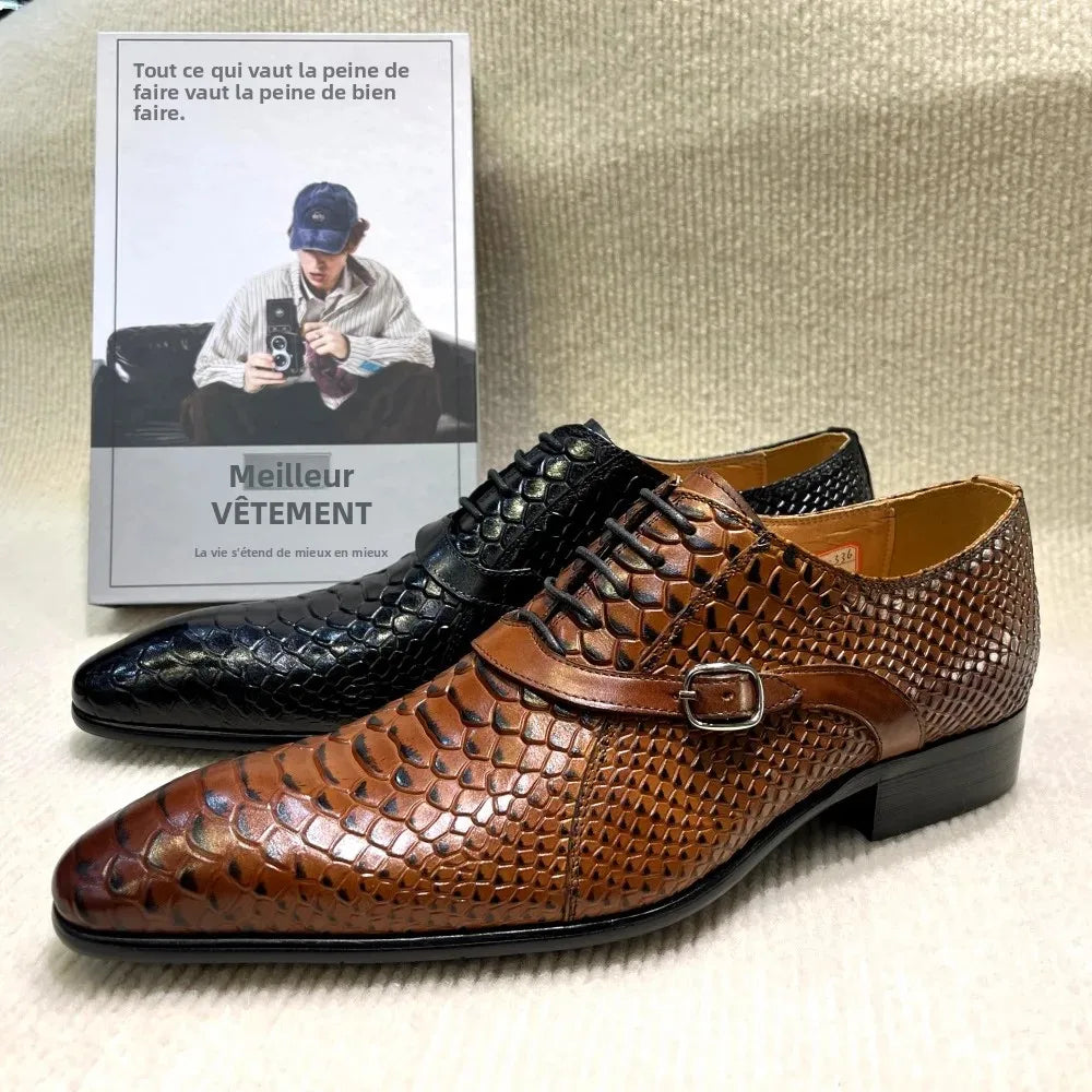 Italian-Style Handcrafted Leather Oxford Shoes – Python Pattern, Pointed Toe