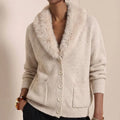 Women's Vintage V-Neck Knit Cardigan with Faux Fur Trim
