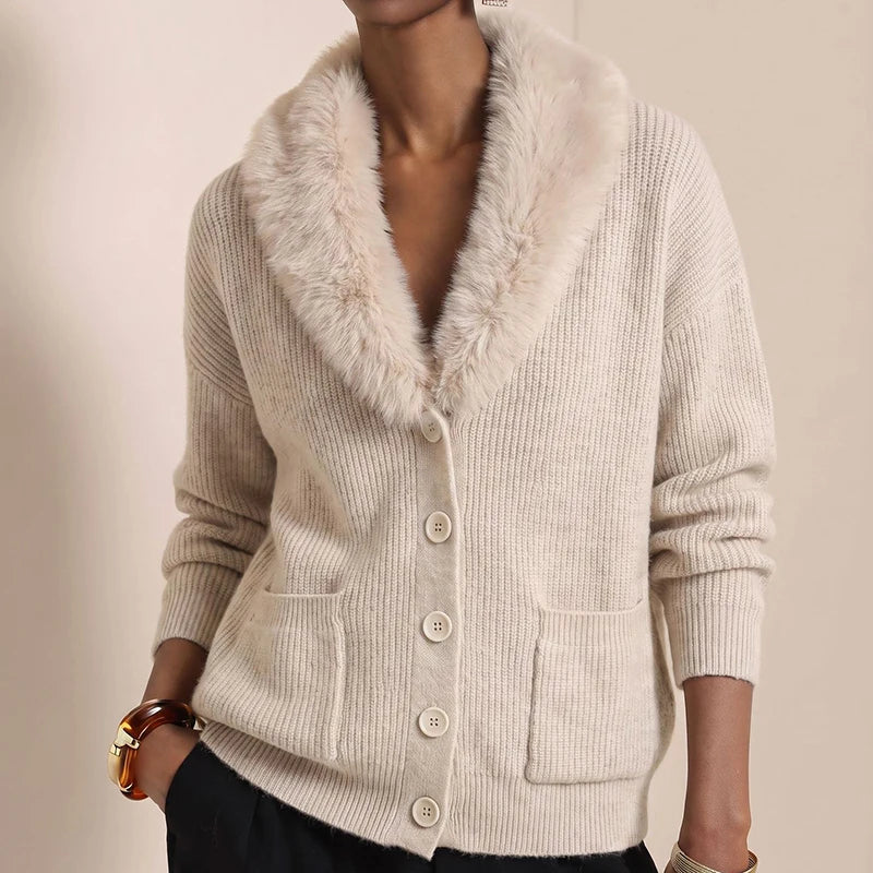 Women's Vintage V-Neck Knit Cardigan with Faux Fur Trim