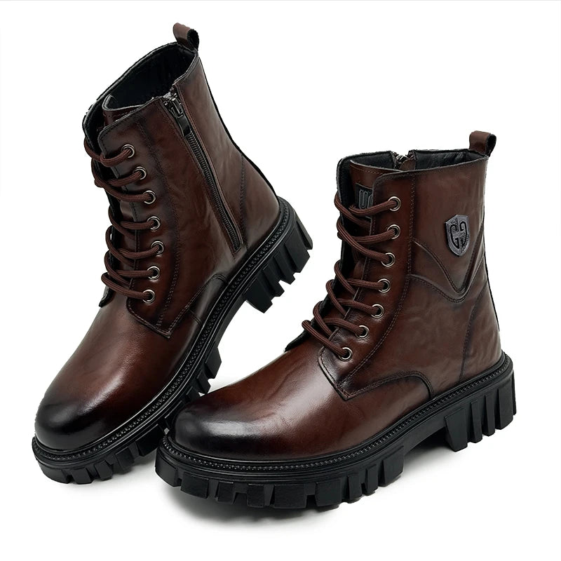 Men's Split Leather Motorcycle Ankle Boots – High-Top Slip-On Thick Sole Winter Boots
