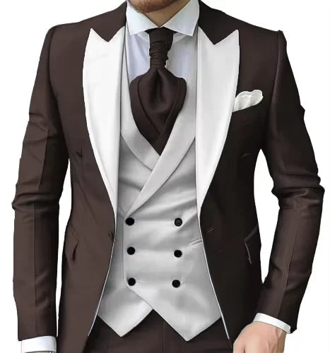 Men's Slim-Fit Three-Piece Suit with Peak Lapels