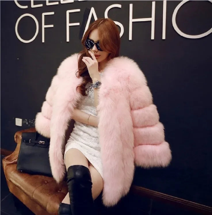 Women's Short Faux Fur Jacket with Puff Sleeves