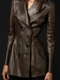 Women's Fitted Faux Leather Blazer – Double-Breasted, Elegant Office Jacket