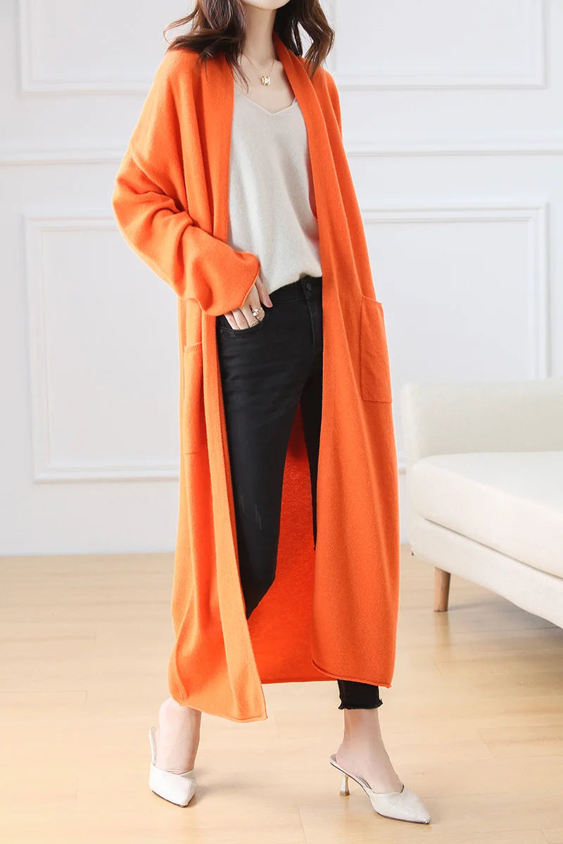 Women's Long Wool V-Neck Cardigan, Loose Fit