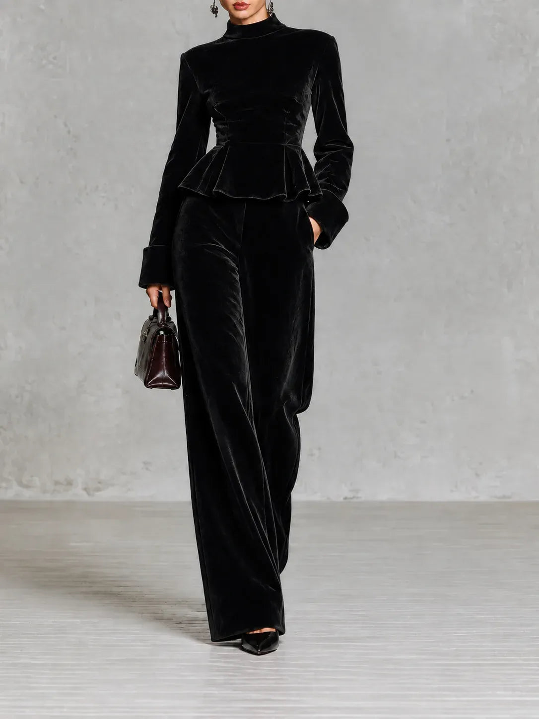 Women's Velvet Two-Piece Set with Wide-Leg Trousers