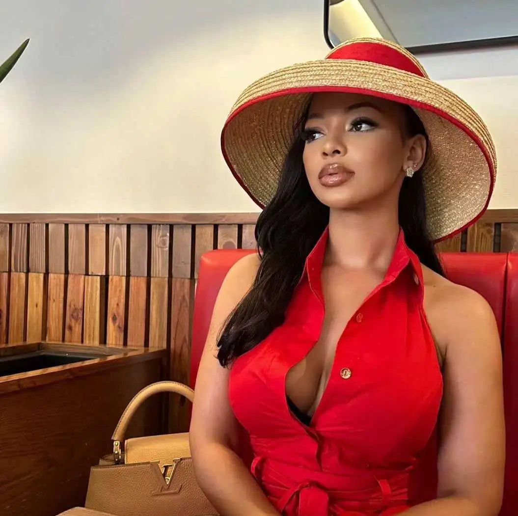 Red edging 2026 Sun Hats Hepburn hat Shiny Straw Hat European American  Braided Female Sunshade  chapeau femme LADYLYS