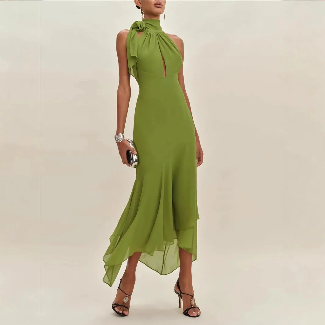 Temperament Halter Neck Long Dresses Green Backless Leace-up Elegant LADYLYS