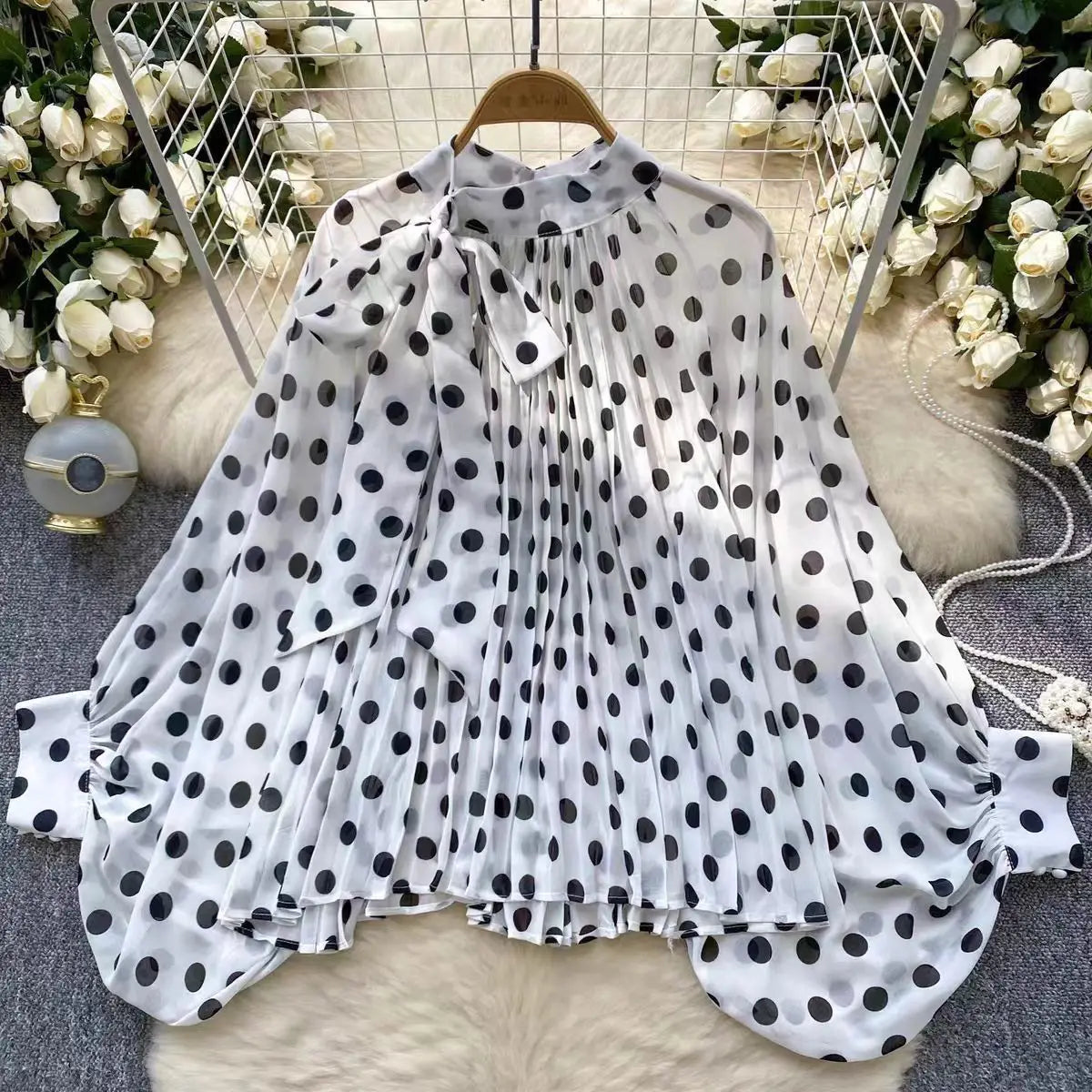 Elegant Fashion All-match White Wave Point Blouses Long Sleeve Oversize