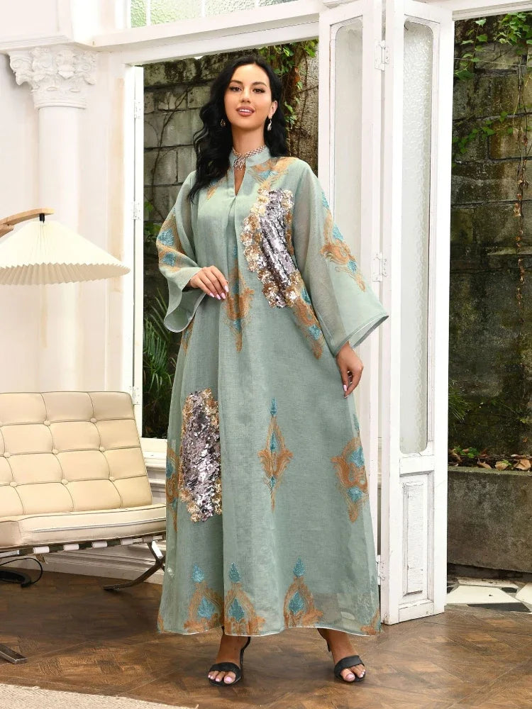 Morocco Dress for Women Muslim Abaya India Stand Collar Abayas Enbroidery Sequins LADYLYS