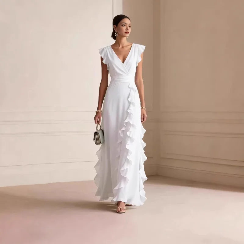 Women's Elegant Ruffle Sleeveless V-Neck Maxi Dress – Bohemian Party & Evening Gown
