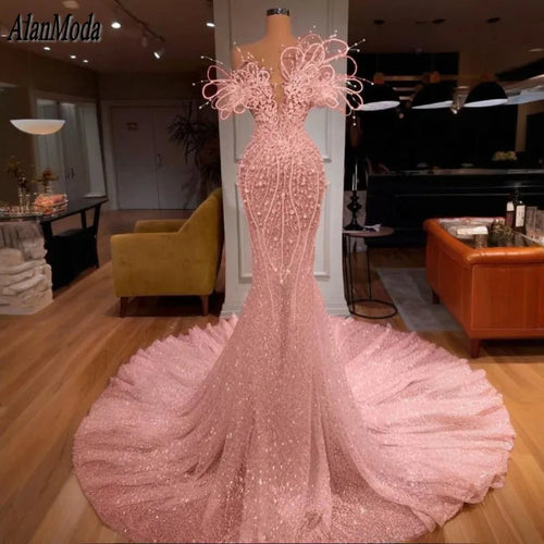 Evening Dress Gowns Shiny Pearls Dubai Prom LADYLYS
