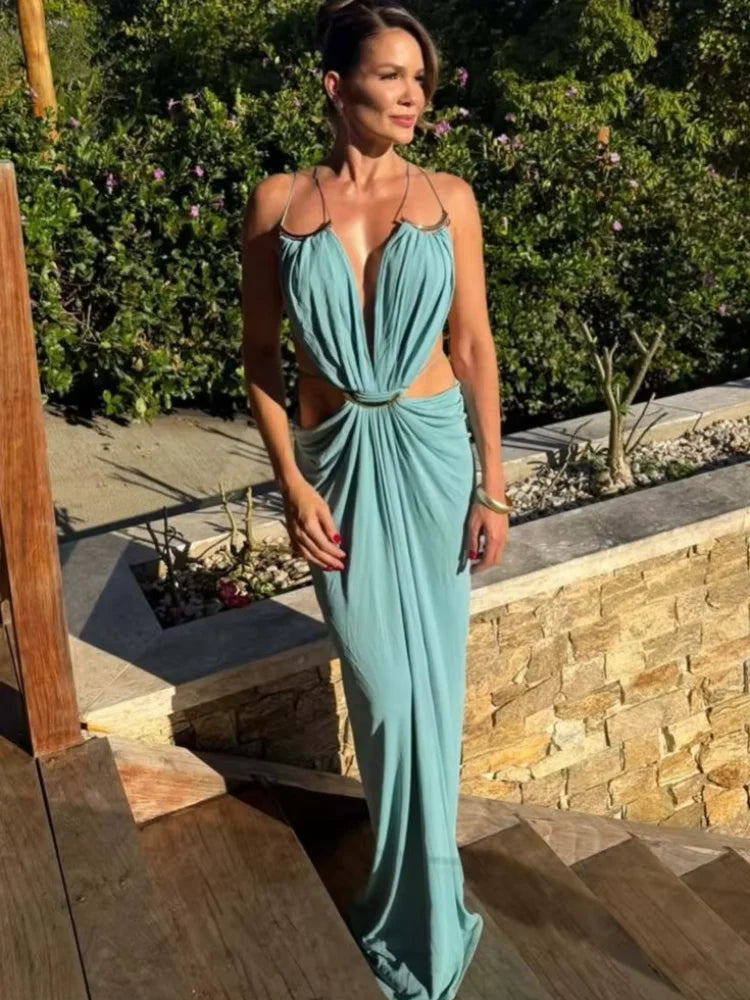 Deep V Cutout Ruched Maxi Gown – Spaghetti Strap Sleeveless Evening Dress