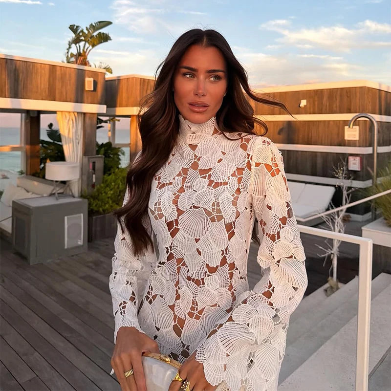 White Crochet Hollow-Out Mini Dress – Full Sleeve Stand Collar Party Gown