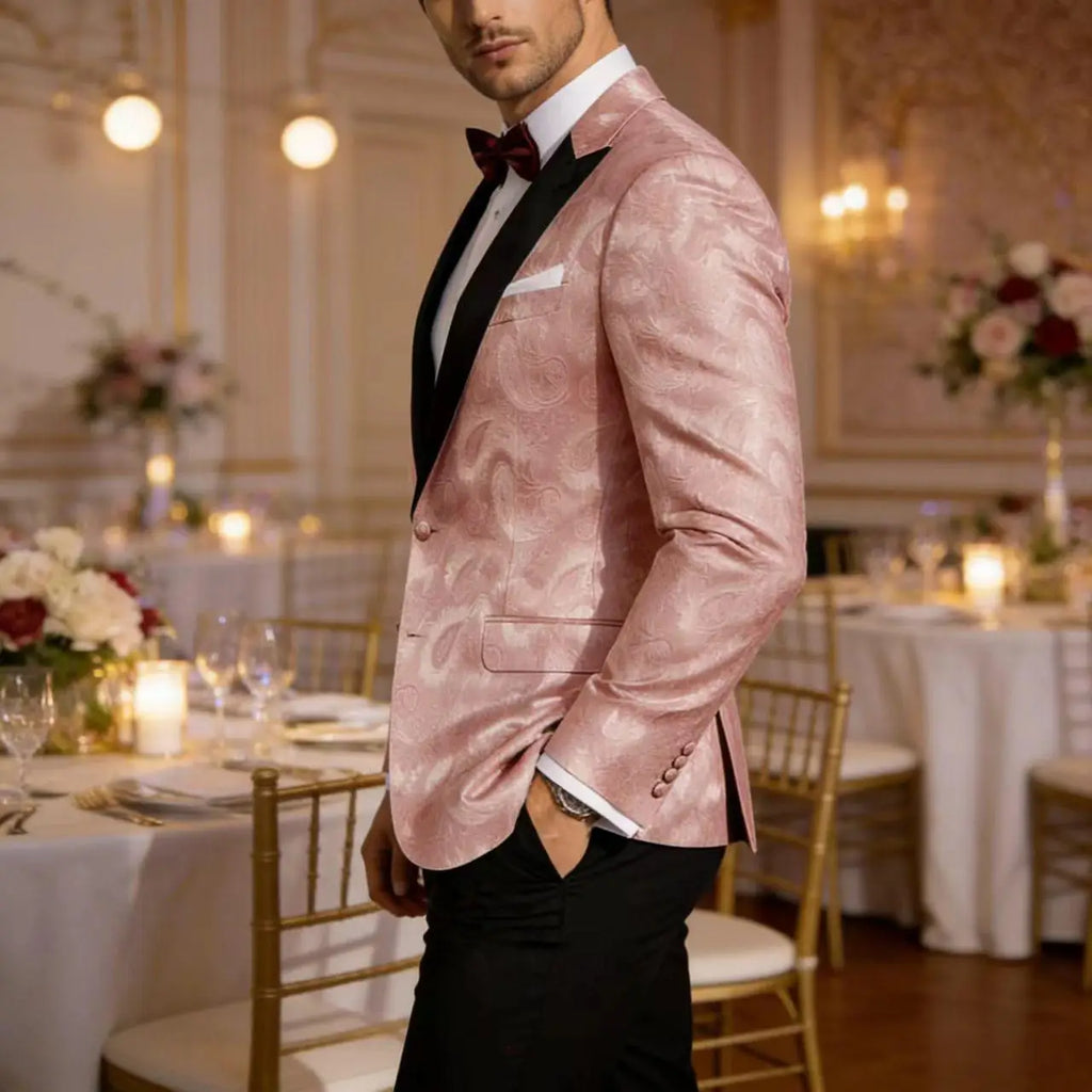 Men’s Pink Paisley Tuxedo Blazer with Black Satin Lapel
