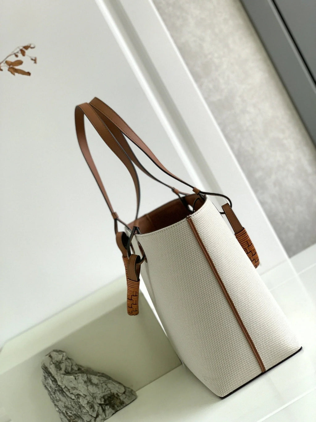 Off-White Canvas Tote Bag – Luxury Leather Trim Multi-Way Shoulder Handbag