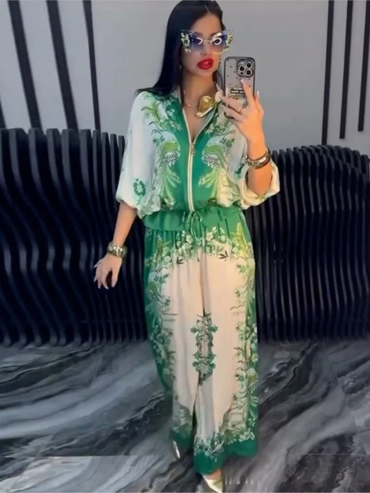 Printed Drawstring Trousers 2-Piece Set – Zipper Top & Wide-Leg Pants Outfit